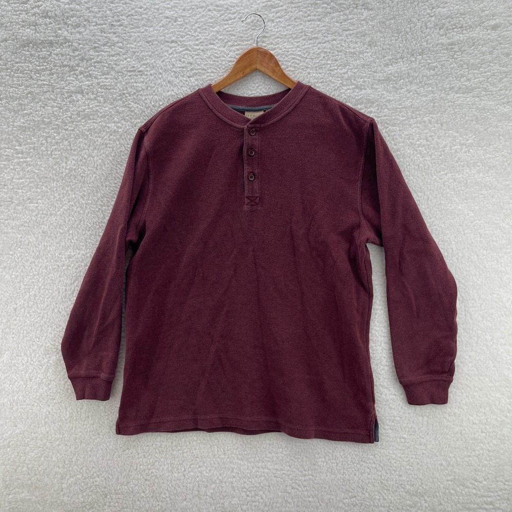 LL Bean Shirt Mens L Tall Red Waffle Knit Henley Thermal Outdoor Granola Y2K